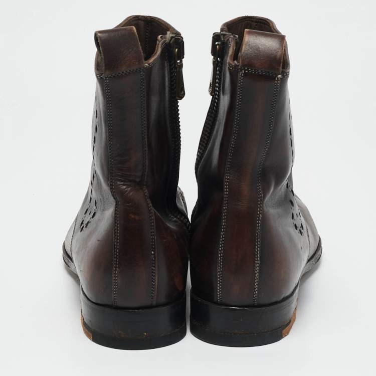 Pre Owned Dolce & Gabbana Brown Brogue Leather Zip Ankle Length Boots Size 41