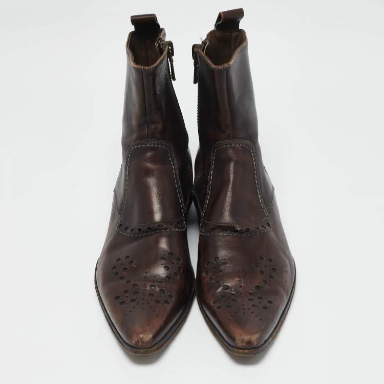 Pre Owned Dolce & Gabbana Brown Brogue Leather Zip Ankle Length Boots Size 41