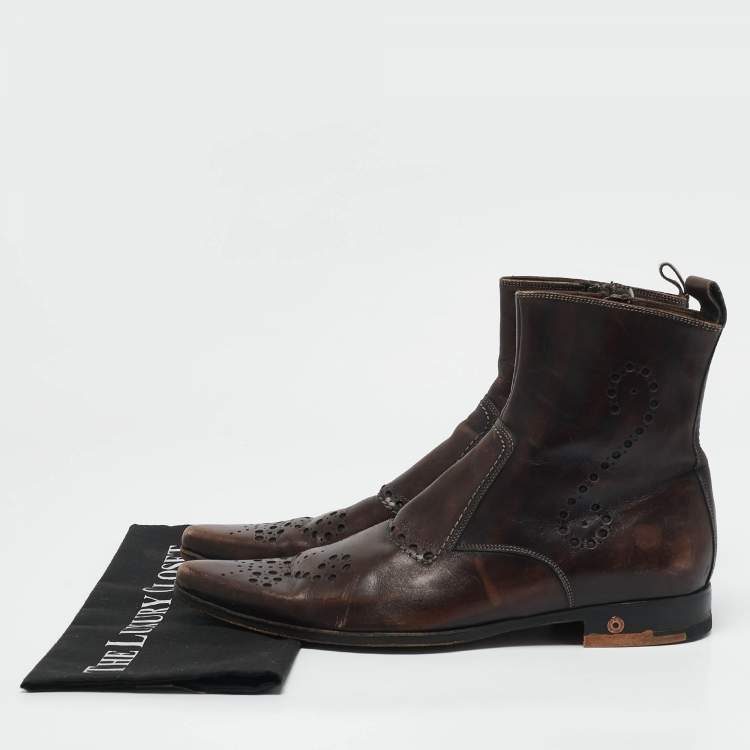 Pre Owned Dolce & Gabbana Brown Brogue Leather Zip Ankle Length Boots Size 41