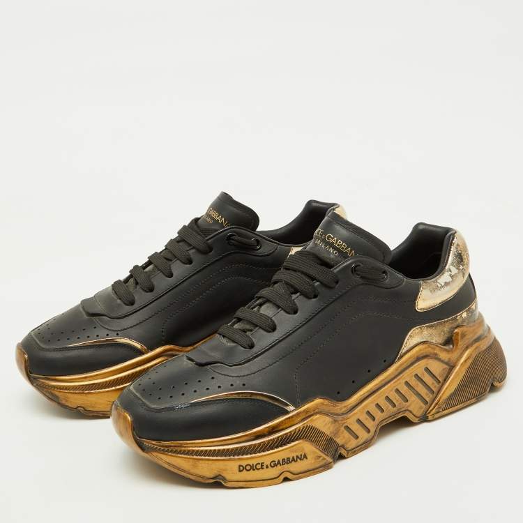 Pre Owned Dolce & Gabbana Black/Gold Leather Daymaster Low Top Sneakers Size 41