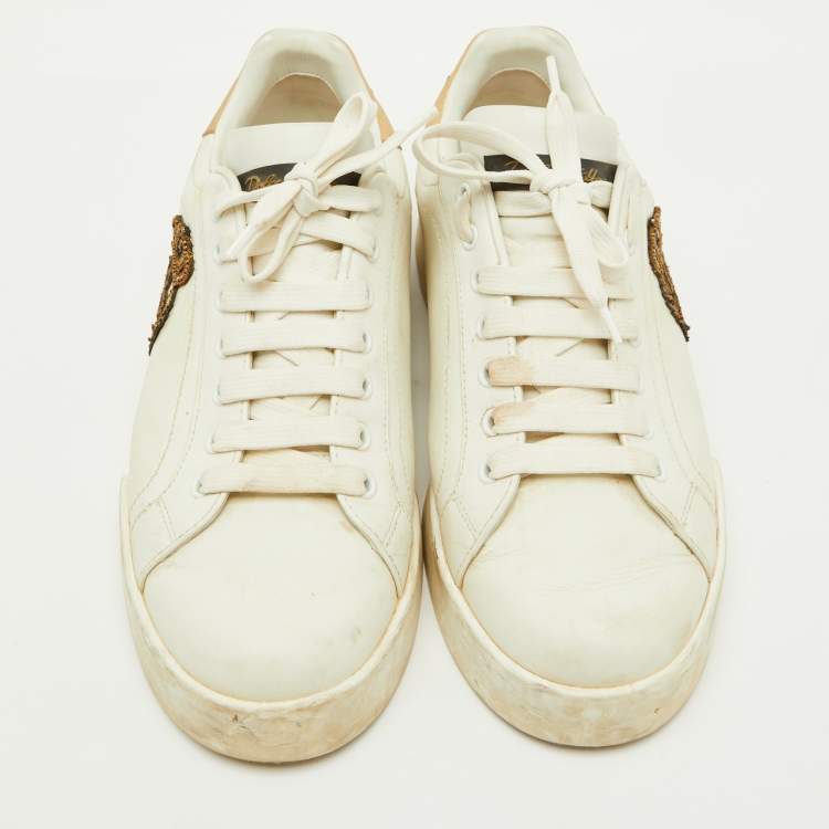 Pre Owned Dolce & Gabbana White Leather Portofino Crown Patch Low Top Sneakers Size 41