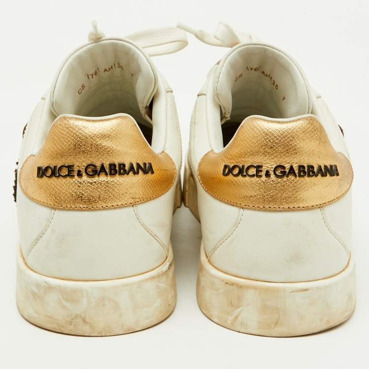 Pre Owned Dolce & Gabbana White Leather Portofino Crown Patch Low Top Sneakers Size 41