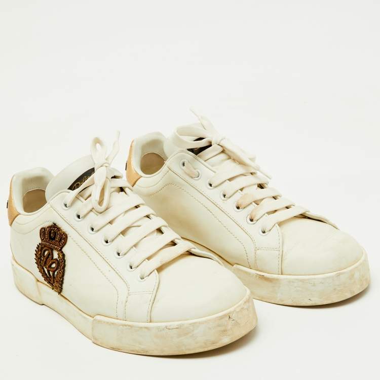 Pre Owned Dolce & Gabbana White Leather Portofino Crown Patch Low Top Sneakers Size 41