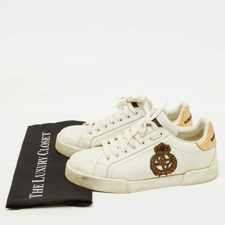 Pre Owned Dolce & Gabbana White Leather Portofino Crown Patch Low Top Sneakers Size 41