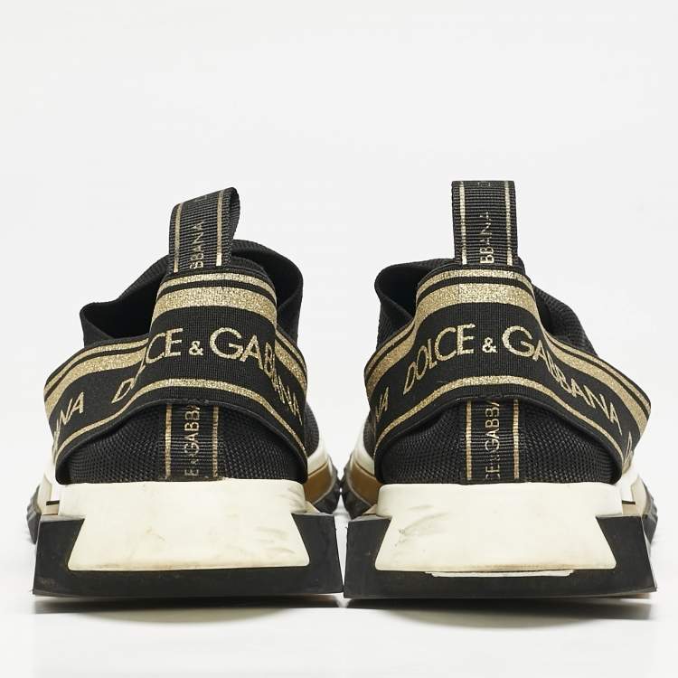Pre Owned Dolce & Gabbana Gold/Black Knit Fabric Sorrento Slip On Sneakers Size 43