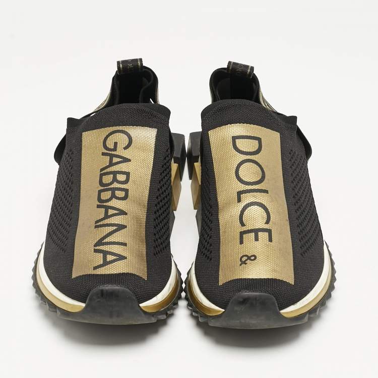 Pre Owned Dolce & Gabbana Gold/Black Knit Fabric Sorrento Slip On Sneakers Size 43