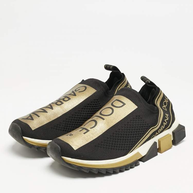 Pre Owned Dolce & Gabbana Gold/Black Knit Fabric Sorrento Slip On Sneakers Size 43