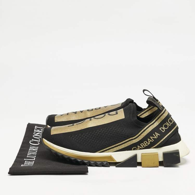 Pre Owned Dolce & Gabbana Gold/Black Knit Fabric Sorrento Slip On Sneakers Size 43