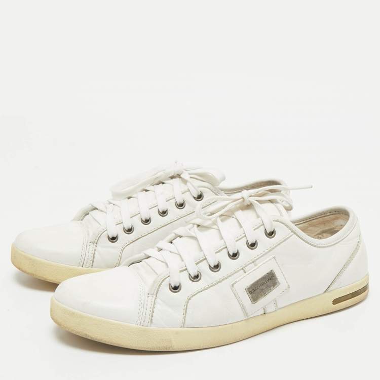 Pre Owned Dolce & Gabbana White Leather Logo Plaque Low Top Sneakers Size 41.5