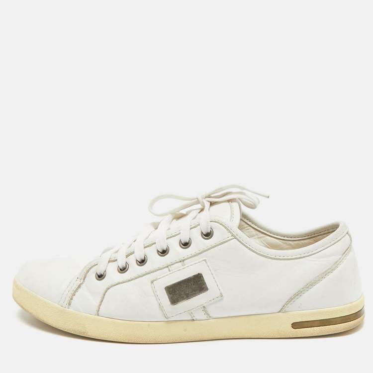 Pre Owned Dolce & Gabbana White Leather Logo Plaque Low Top Sneakers Size 41.5