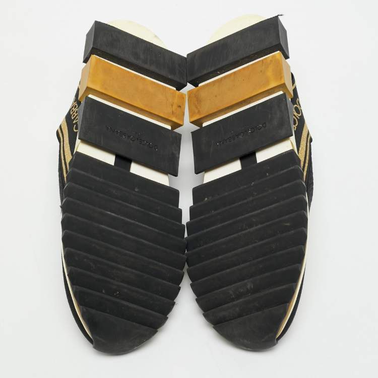 Pre Owned Dolce & Gabbana Black/Gold Stretch Fabric Jersey Sorrento Logo Print Slip On Sneakers Size 45