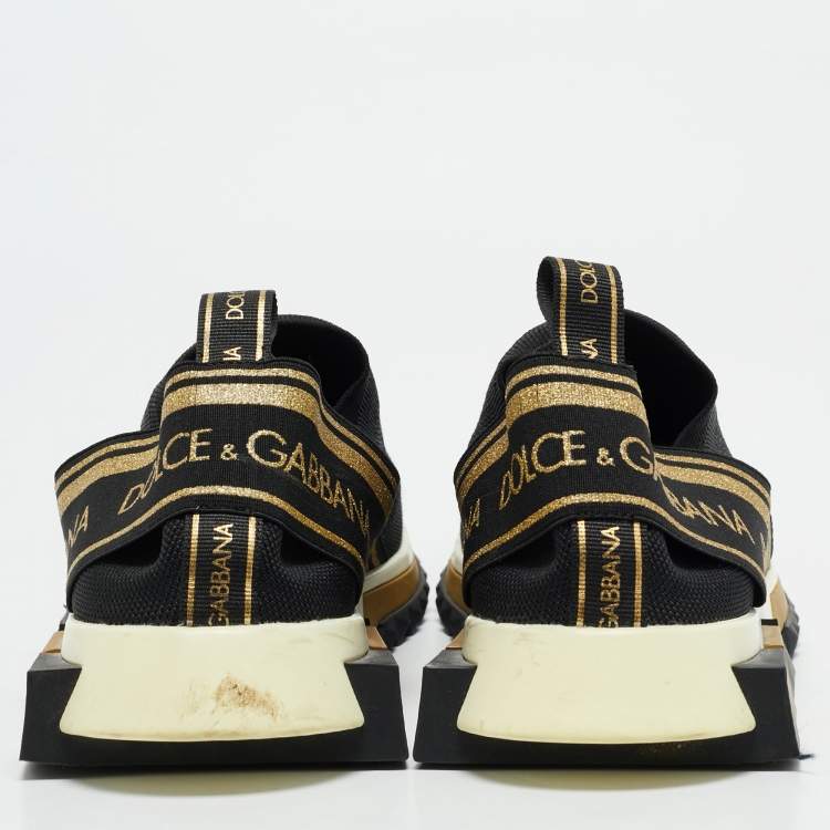 Pre Owned Dolce & Gabbana Black/Gold Stretch Fabric Jersey Sorrento Logo Print Slip On Sneakers Size 45