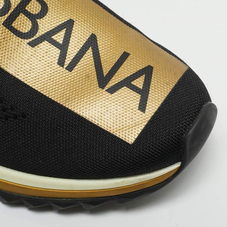 Pre Owned Dolce & Gabbana Black/Gold Stretch Fabric Jersey Sorrento Logo Print Slip On Sneakers Size 45