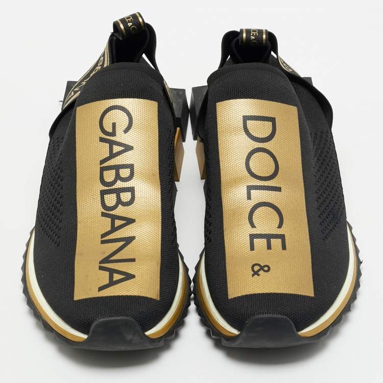 Pre Owned Dolce & Gabbana Black/Gold Stretch Fabric Jersey Sorrento Logo Print Slip On Sneakers Size 45