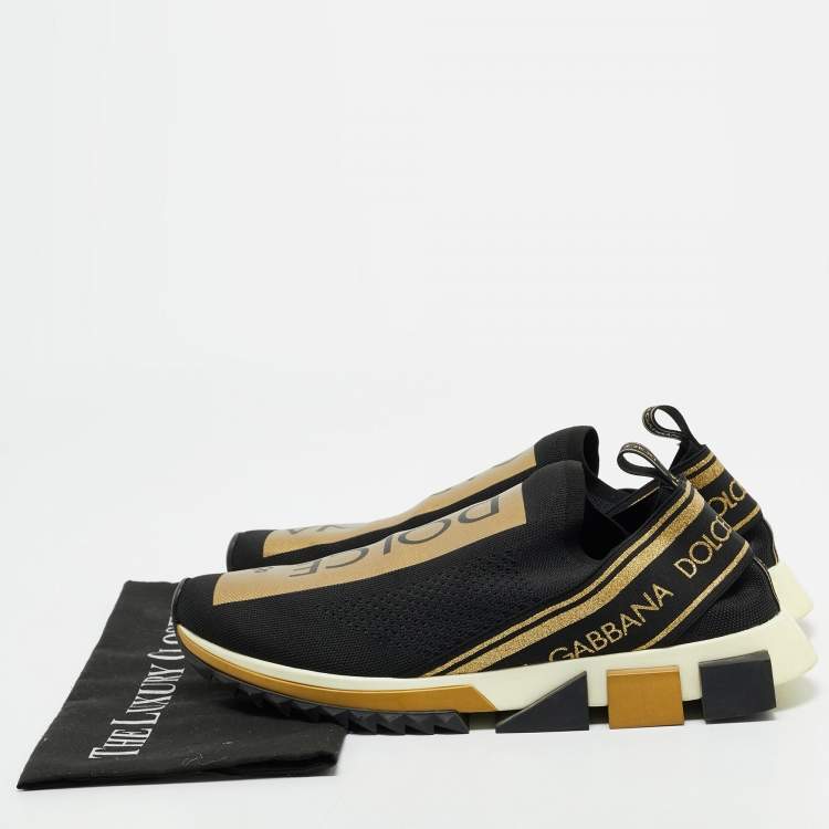 Pre Owned Dolce & Gabbana Black/Gold Stretch Fabric Jersey Sorrento Logo Print Slip On Sneakers Size 45