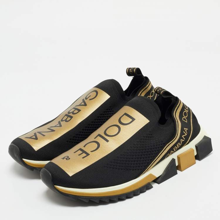 Pre Owned Dolce & Gabbana Black/Gold Stretch Fabric Jersey Sorrento Logo Print Slip On Sneakers Size 45