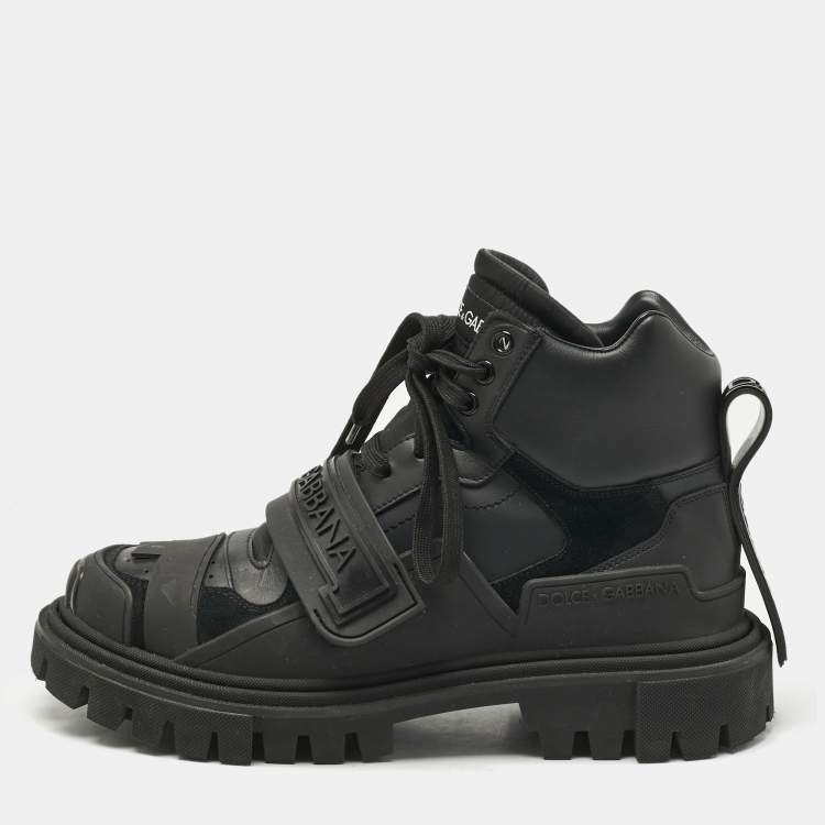Pre Owned Dolce & Gabbana Black Leather and Rubber Logo Strappy Trekking Boots Size 40
