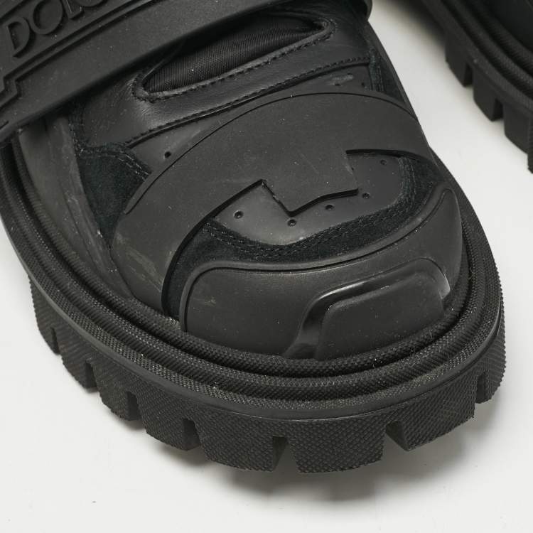 Pre Owned Dolce & Gabbana Black Leather and Rubber Logo Strappy Trekking Boots Size 40