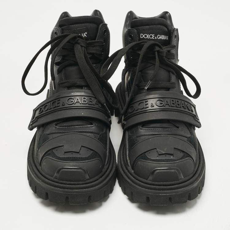 Pre Owned Dolce & Gabbana Black Leather and Rubber Logo Strappy Trekking Boots Size 40