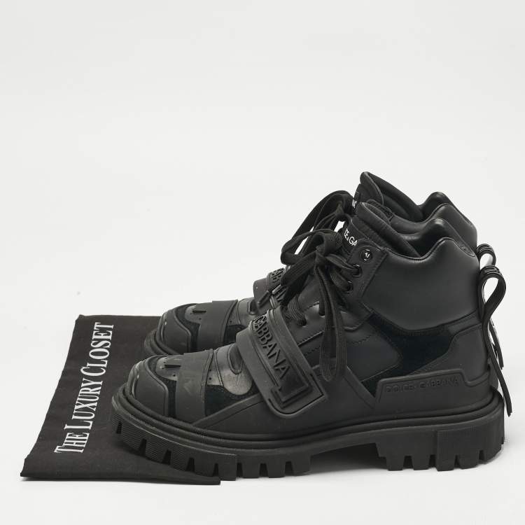 Pre Owned Dolce & Gabbana Black Leather and Rubber Logo Strappy Trekking Boots Size 40