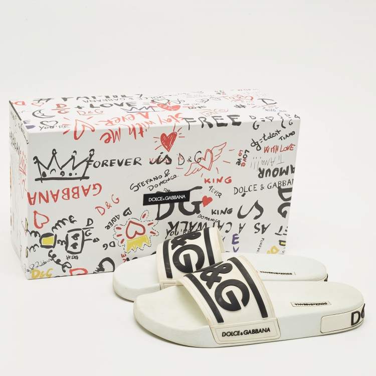 Pre Owned Dolce & Gabbana White/Black Rubber Logo Flat Slides Size 40