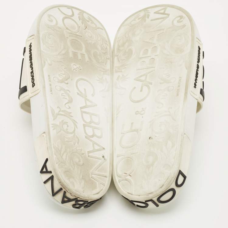 Pre Owned Dolce & Gabbana White/Black Rubber Logo Flat Slides Size 40