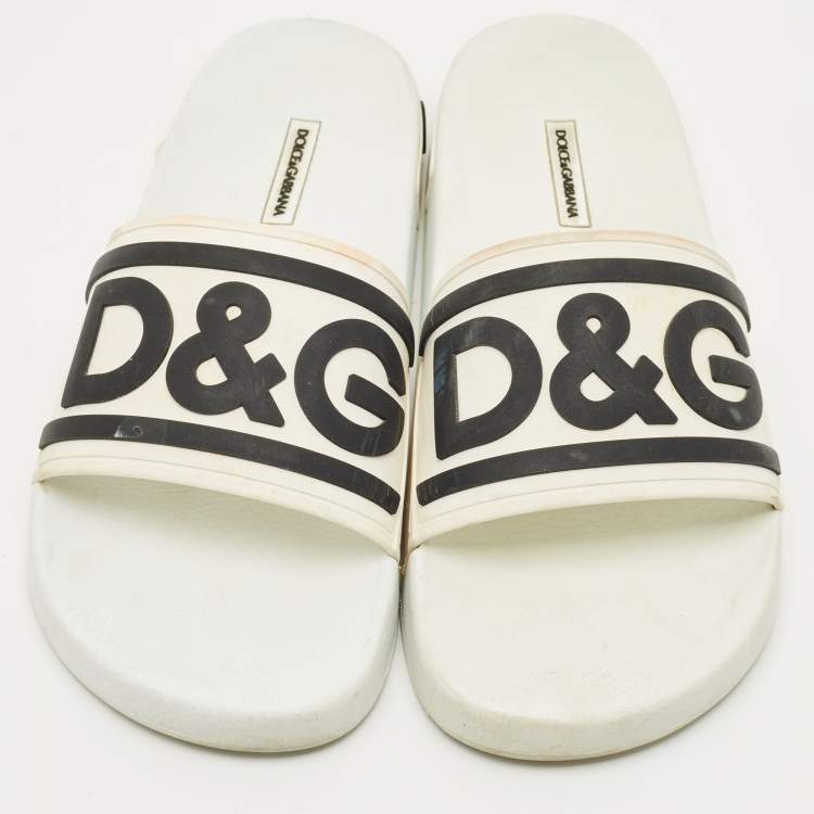 Pre Owned Dolce & Gabbana White/Black Rubber Logo Flat Slides Size 40
