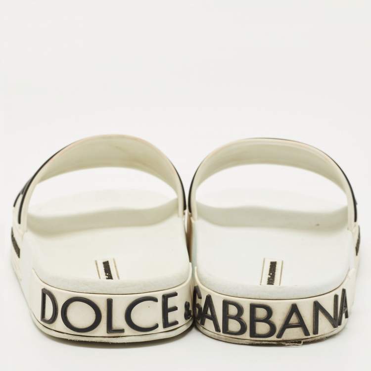 Pre Owned Dolce & Gabbana White/Black Rubber Logo Flat Slides Size 40