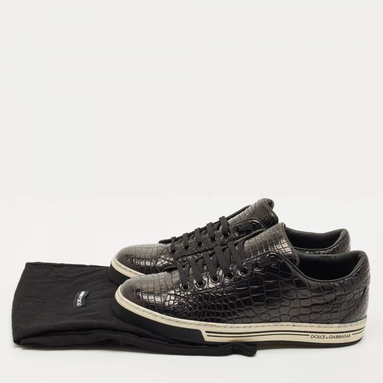 Pre Owned Dolce & Gabbana Black Crocodile Leather Rome Lace Up Sneakers Size 44