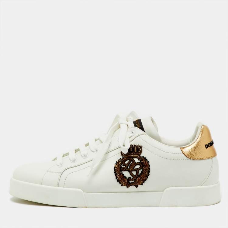 Pre Owned Dolce & Gabbana White/Gold Leather Crown Patch Portofino Low Top Sneakers Size 44.5
