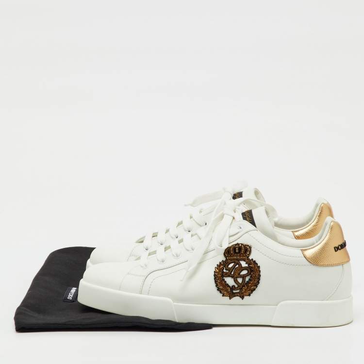 Pre Owned Dolce & Gabbana White/Gold Leather Crown Patch Portofino Low Top Sneakers Size 44.5