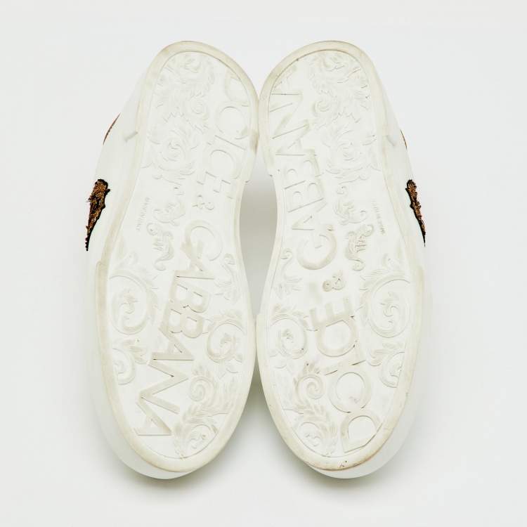 Pre Owned Dolce & Gabbana White/Gold Leather Crown Patch Portofino Low Top Sneakers Size 44.5