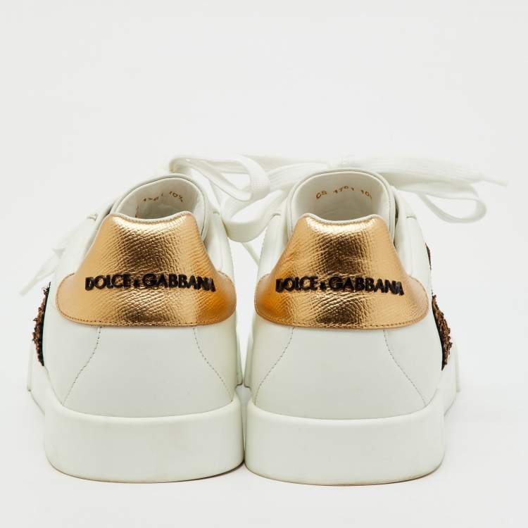Pre Owned Dolce & Gabbana White/Gold Leather Crown Patch Portofino Low Top Sneakers Size 44.5
