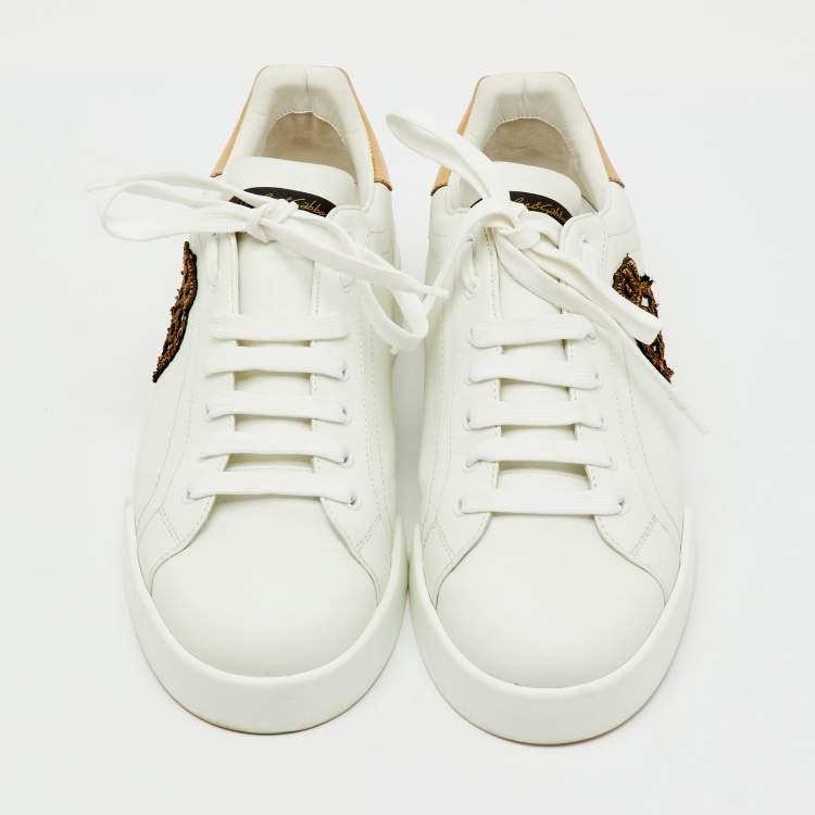 Pre Owned Dolce & Gabbana White/Gold Leather Crown Patch Portofino Low Top Sneakers Size 44.5
