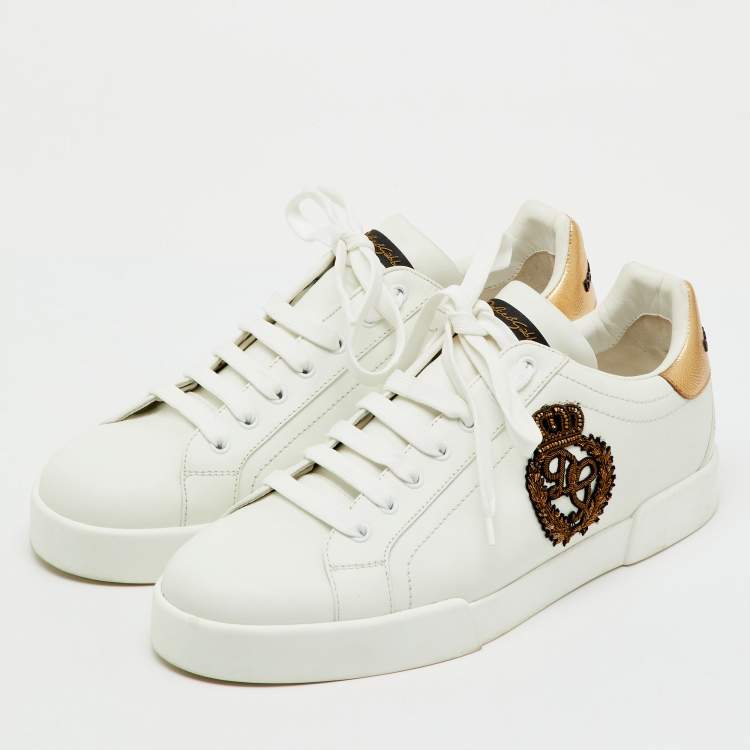 Pre Owned Dolce & Gabbana White/Gold Leather Crown Patch Portofino Low Top Sneakers Size 44.5