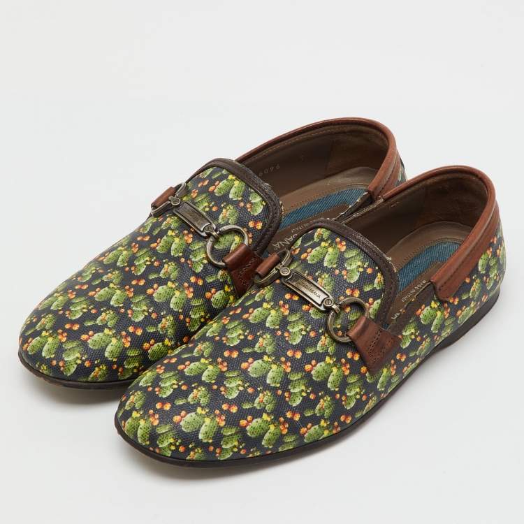 Pre Owned Dolce & Gabbana Multicolor Cactus Print Canvas and Leather Amalfi Smoking Slippers Size 41
