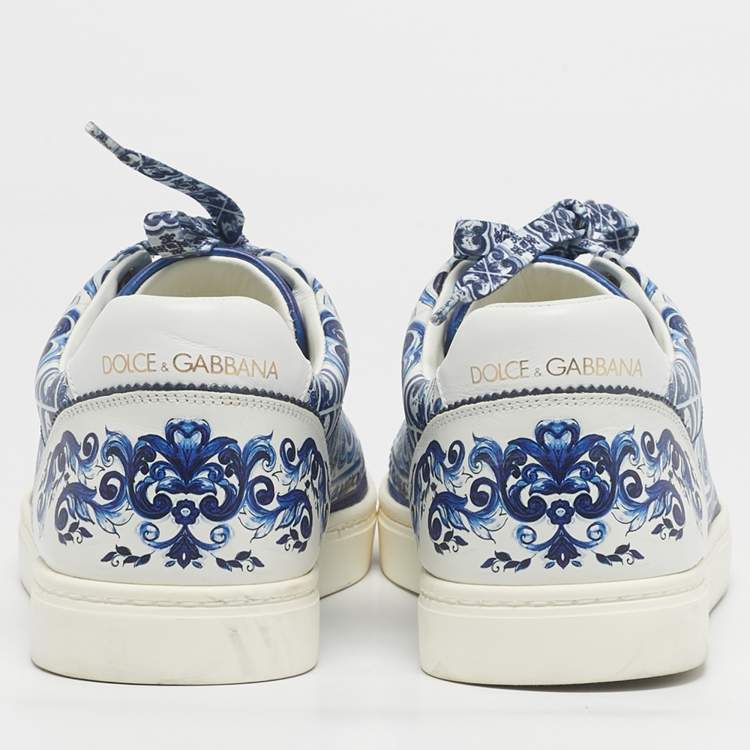 Pre Owned Dolce & Gabbana Blue/White Leather Majolica Print Portofino Low Top Sneakers Size 44