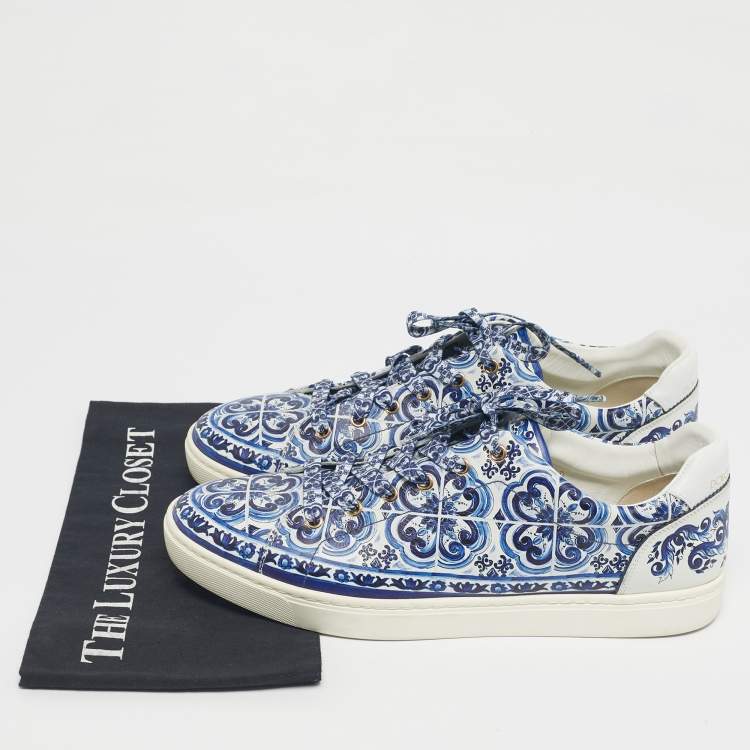 Pre Owned Dolce & Gabbana Blue/White Leather Majolica Print Portofino Low Top Sneakers Size 44