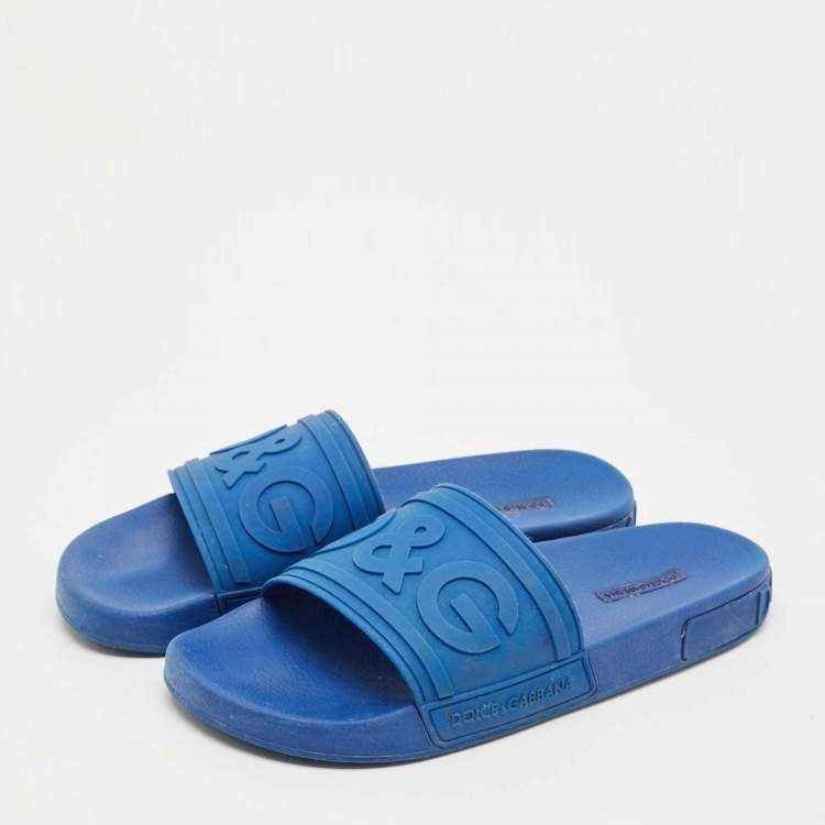 Pre Owned Dolce & Gabbana Blue Rubber Logo Flat Slides Size 43