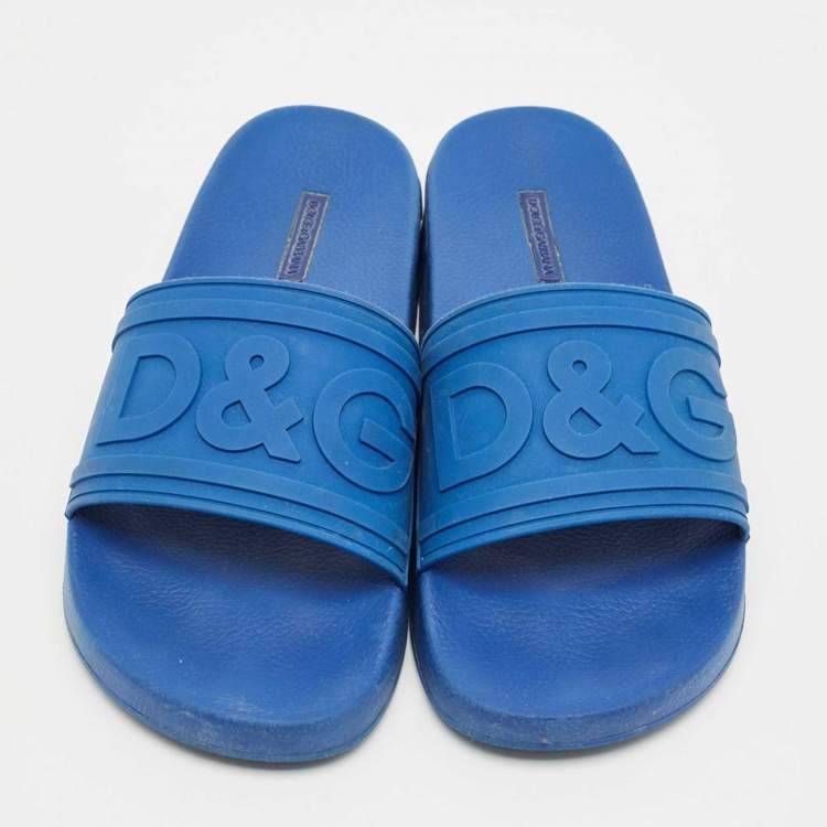 Pre Owned Dolce & Gabbana Blue Rubber Logo Flat Slides Size 43