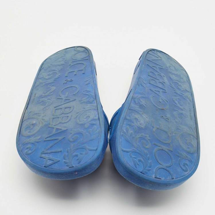 Pre Owned Dolce & Gabbana Blue Rubber Logo Flat Slides Size 43
