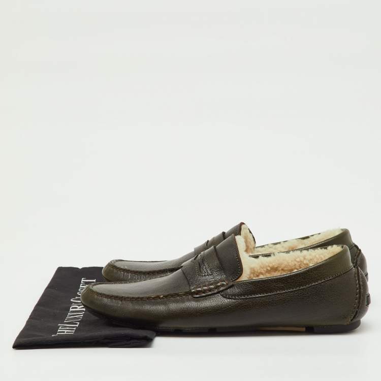Pre Owned Dolce & Gabbana Olive Green Leather Shearling Fur Slip On Loafers Size 44