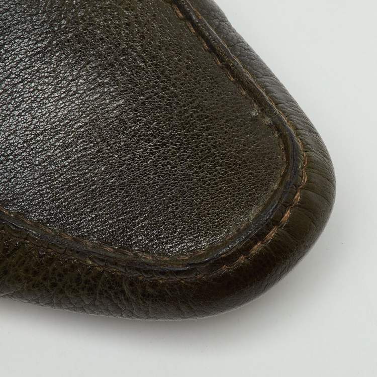 Pre Owned Dolce & Gabbana Olive Green Leather Shearling Fur Slip On Loafers Size 44