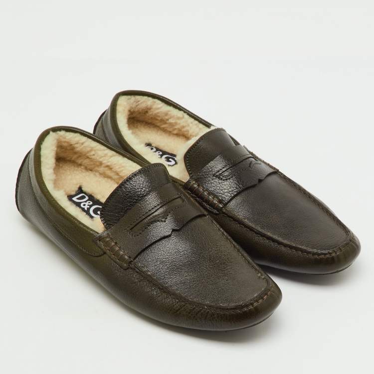 Pre Owned Dolce & Gabbana Olive Green Leather Shearling Fur Slip On Loafers Size 44