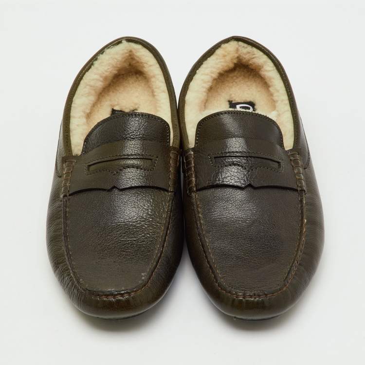 Pre Owned Dolce & Gabbana Olive Green Leather Shearling Fur Slip On Loafers Size 44