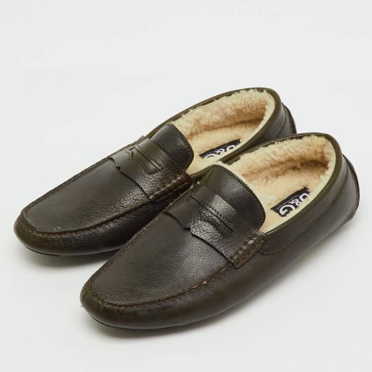 Pre Owned Dolce & Gabbana Olive Green Leather Shearling Fur Slip On Loafers Size 44