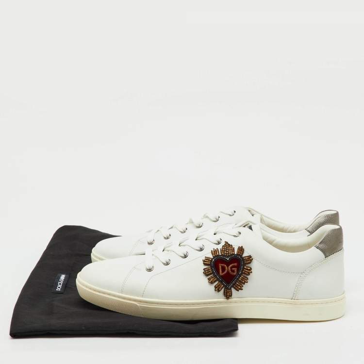Pre Owned Dolce & Gabbana White Leather Embellished Heart Portofino Sneakers Size 45