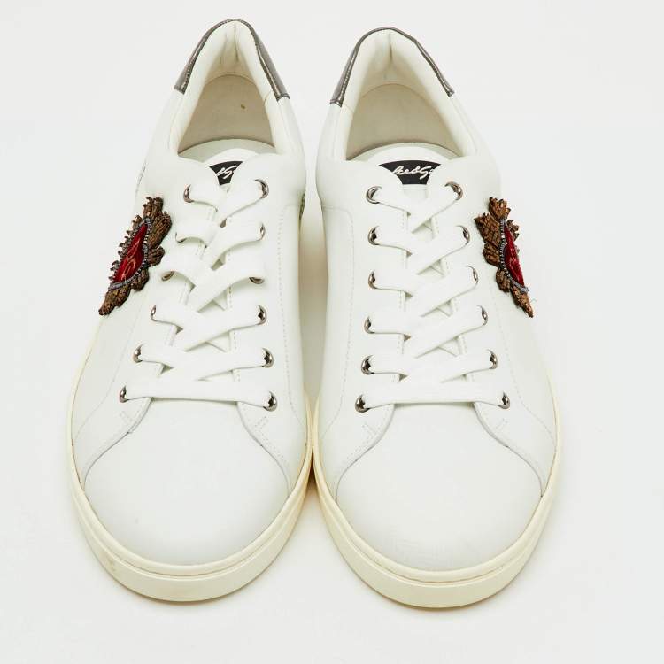 Pre Owned Dolce & Gabbana White Leather Embellished Heart Portofino Sneakers Size 45