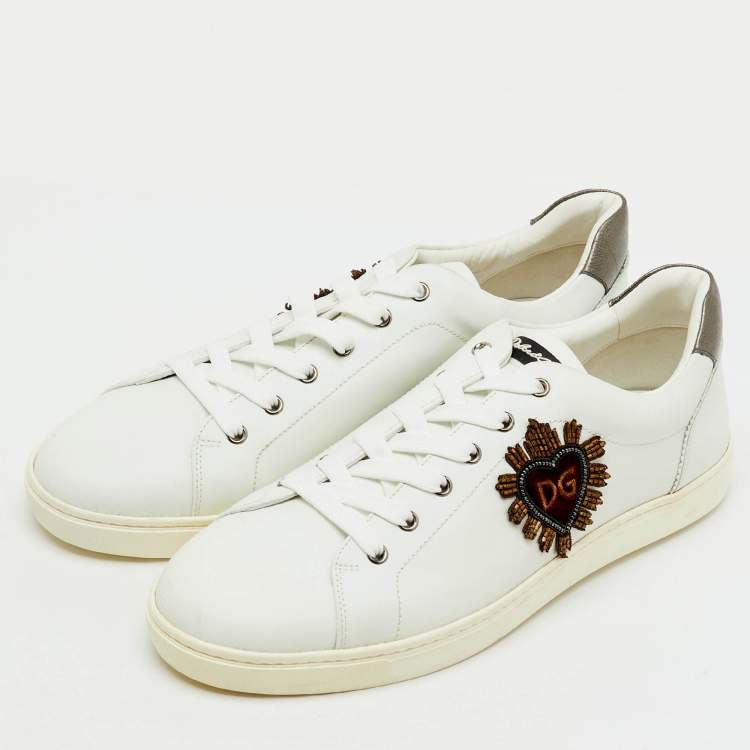 Pre Owned Dolce & Gabbana White Leather Embellished Heart Portofino Sneakers Size 45