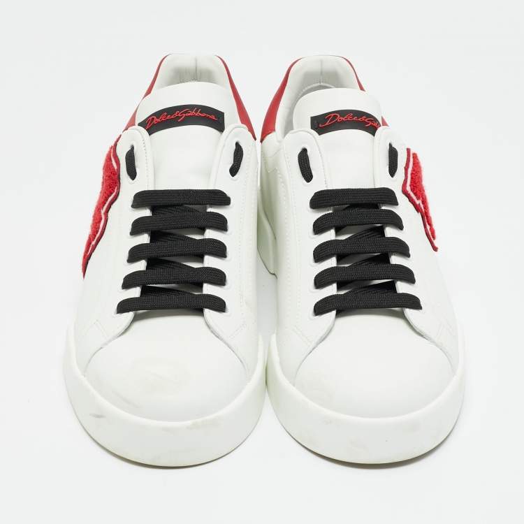 Pre Owned Dolce & Gabbana White/Black Leather logo Patch Portofino Sneakers Size 43.5            